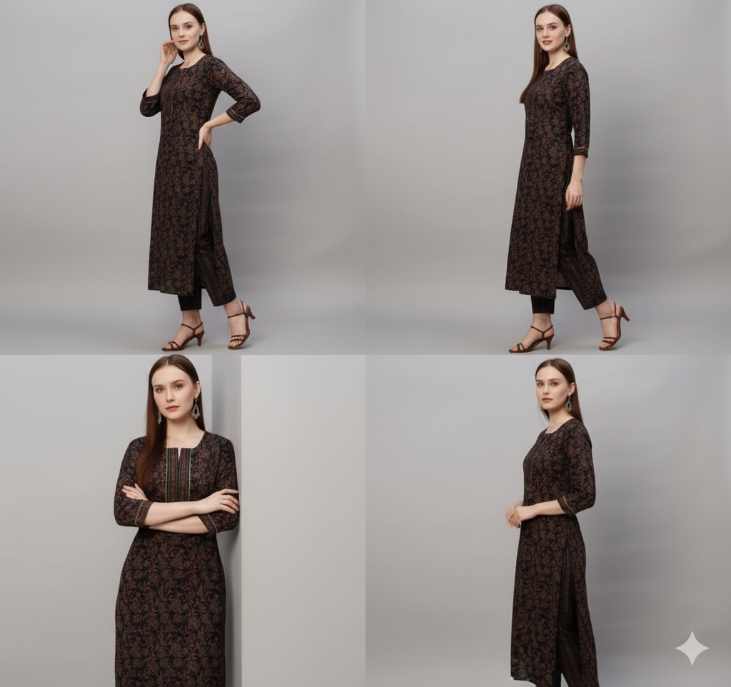 Cotton Blend Printed Kurti with Pant for Women (Multicolor, S)