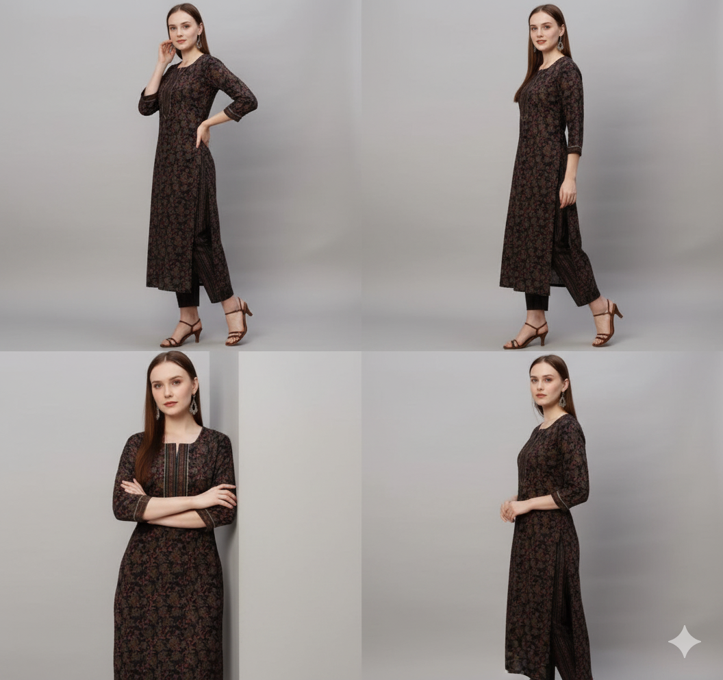 Cotton Blend Printed Kurti with Pant for Women (Multicolor, S)